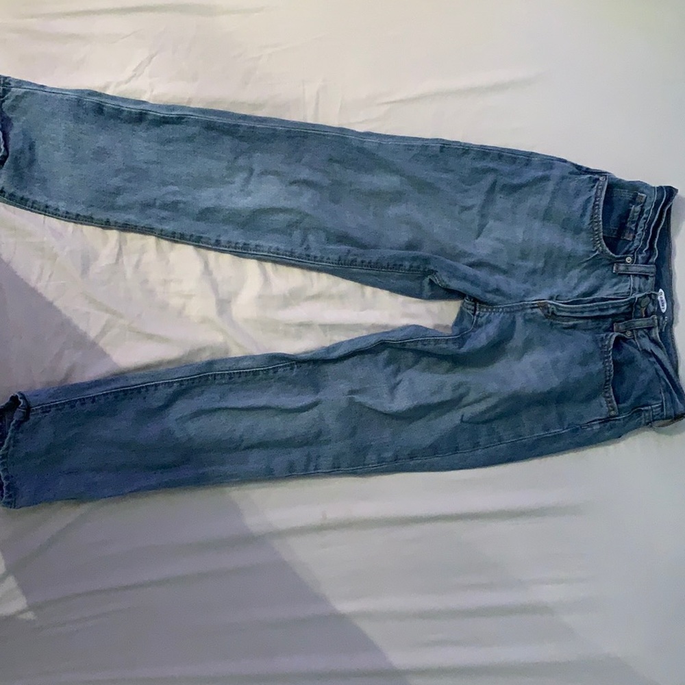 High rise, straight leg, blue jeans.